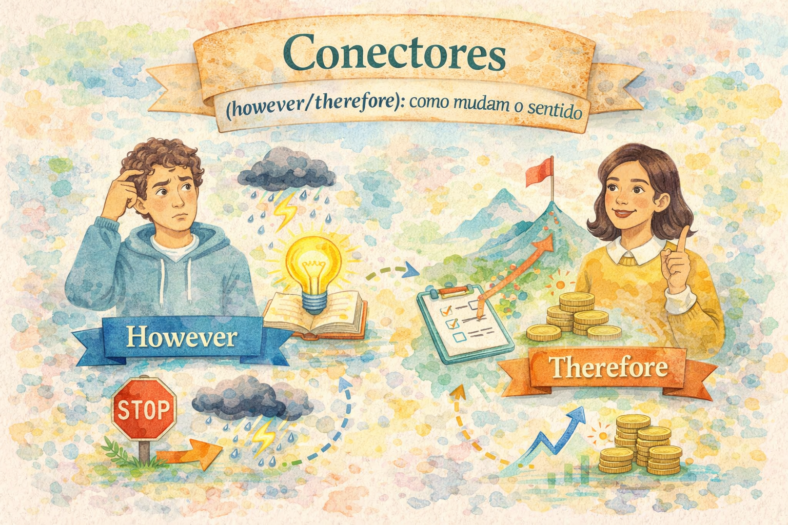 Conectores (however/therefore): como mudam o sentido 🔗📘